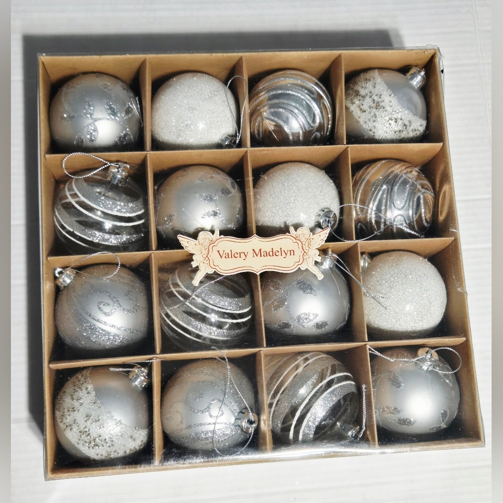 Valery Madelyn Christmas Tree Decorations Set, 16ct 2.36 Inches White and Silver